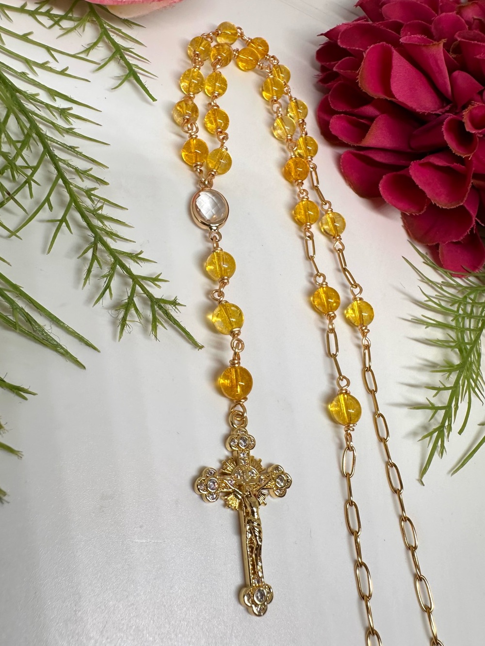 NEW ⚜️Genuine Citrine Handmade Beaded Rosary Necklace